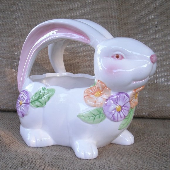 Vintage Ceramic Rabbit Basket Style Planter - Picture 2 of 16